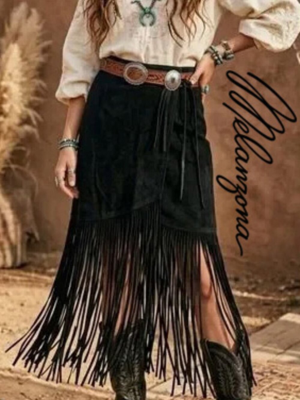 💋90's BOHO CHIC STUNNER!💋 100% Genuine Suede Fringe Midaxi Skirt in Black